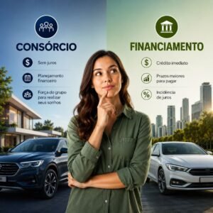 Comparação entre consórcio e financiamento com mulher analisando opções de compra de carro e imóvel, em arte moderna para a Fortis Consórcios.