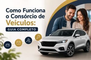 Ilustração de um casal analisando a compra de um veículo ao lado de um carro moderno, representando o funcionamento do consórcio de veículos.