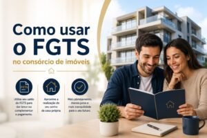 Casal planejando a compra da casa própria utilizando o FGTS no consórcio de imóveis, representando o uso do fundo para aquisição residencial.