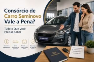 Casal avaliando um carro seminovo em uma concessionária, representando o consórcio de carro seminovo como opção planejada para comprar um veículo.