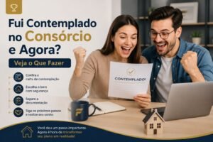 Casal comemorando a contemplação no consórcio enquanto analisa a carta de crédito, representando os próximos passos para adquirir um imóvel ou veículo com segurança.